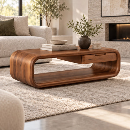 Rounded Coffee Table with Storage Drawer in Natural Solid Wood - Woodenecho - 8