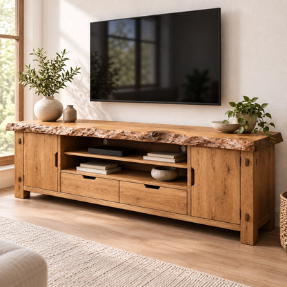 Rustic TV Stand with Live-Edge Natural Solid Wood Top and Storage - Woodenecho - 1