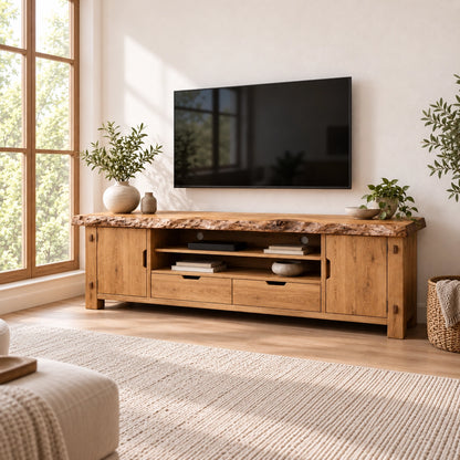 Rustic TV Stand with Live-Edge Natural Solid Wood Top and Storage - Woodenecho - 2