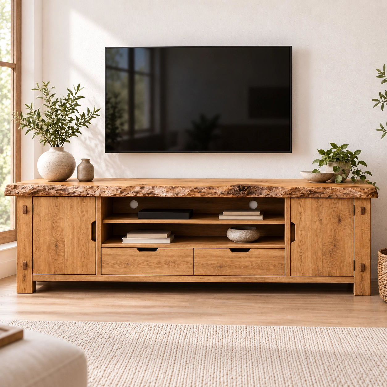 Rustic TV Stand with Live-Edge Natural Solid Wood Top and Storage - Woodenecho - 3