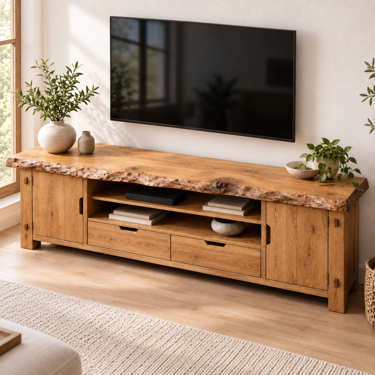 Rustic TV Stand with Live-Edge Natural Solid Wood Top and Storage - Woodenecho - 4