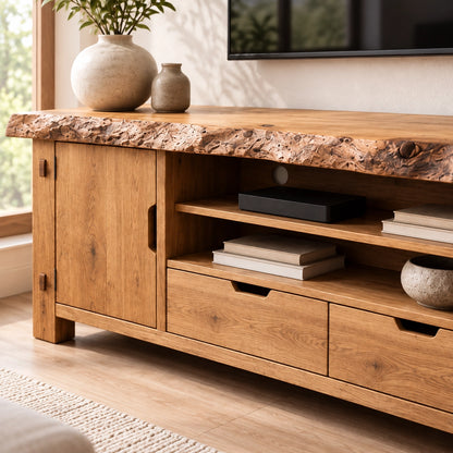 Rustic TV Stand with Live-Edge Natural Solid Wood Top and Storage - Woodenecho - 5