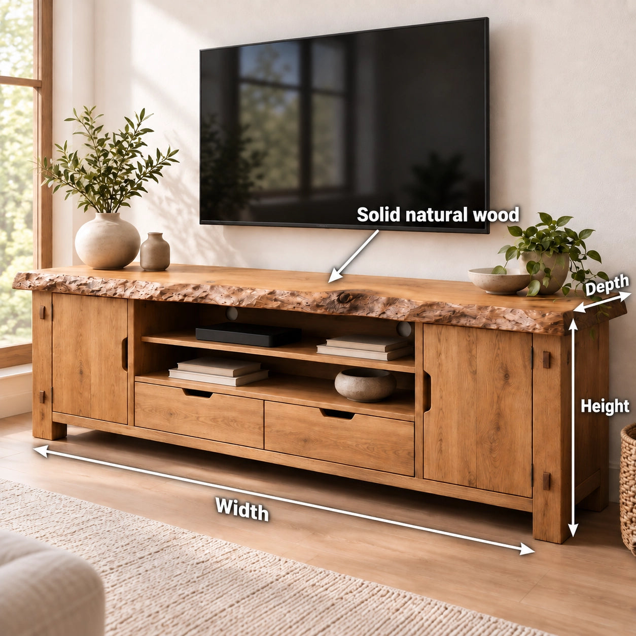 Rustic TV Stand with Live-Edge Natural Solid Wood Top and Storage - Woodenecho - 6