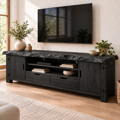 Rustic TV Stand with Live-Edge Natural Solid Wood Top and Storage - Woodenecho - 7