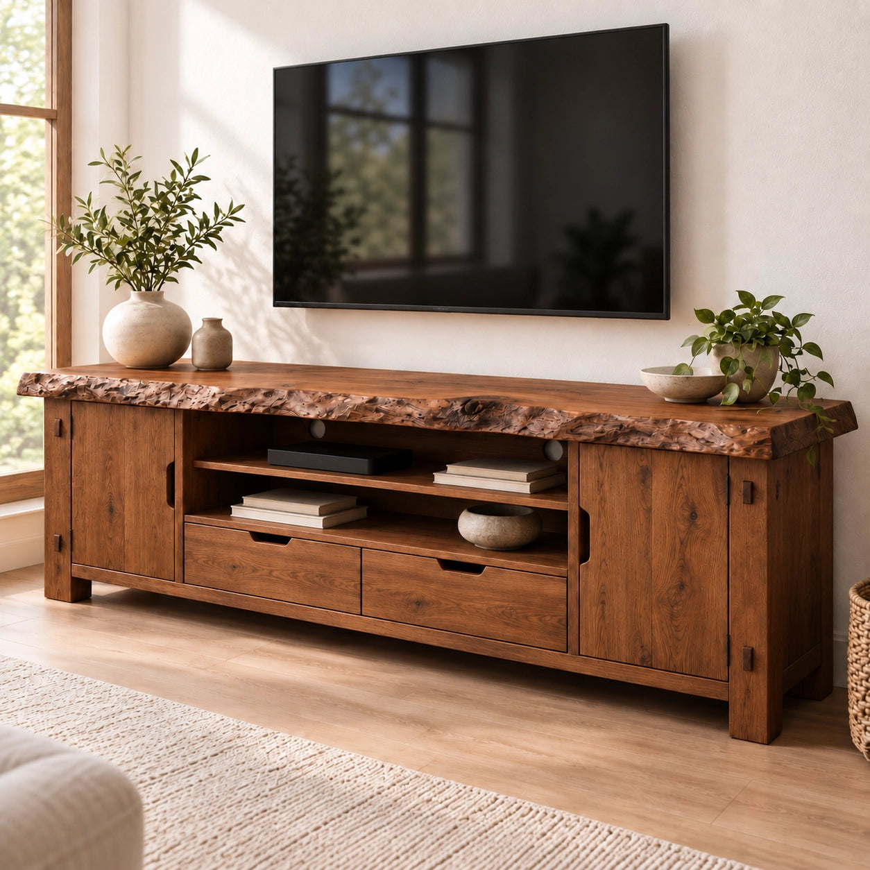 Rustic TV Stand with Live-Edge Natural Solid Wood Top and Storage - Woodenecho - 8