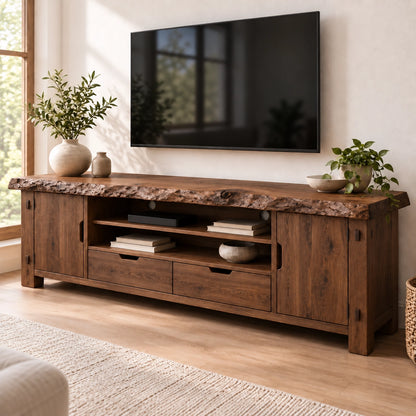Rustic TV Stand with Live-Edge Natural Solid Wood Top and Storage - Woodenecho - 9