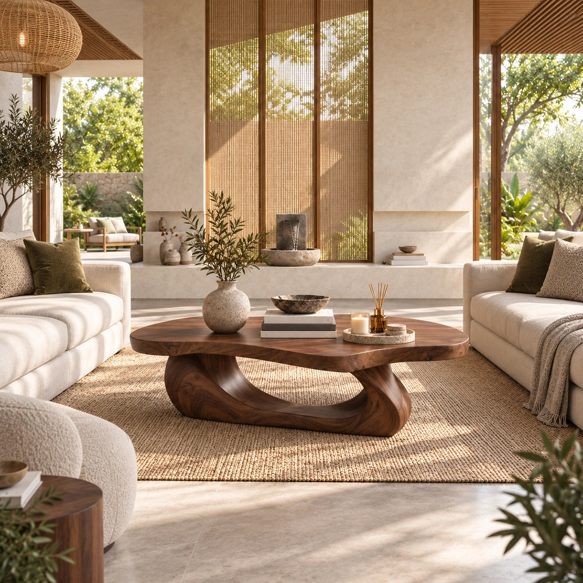Sculptural Coffee Table with Curved Natural Solid Wood Base Design - Woodenecho - 1