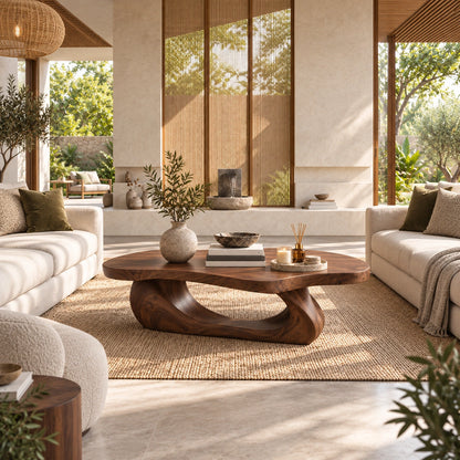 Sculptural Coffee Table with Curved Natural Solid Wood Base Design - Woodenecho - 1