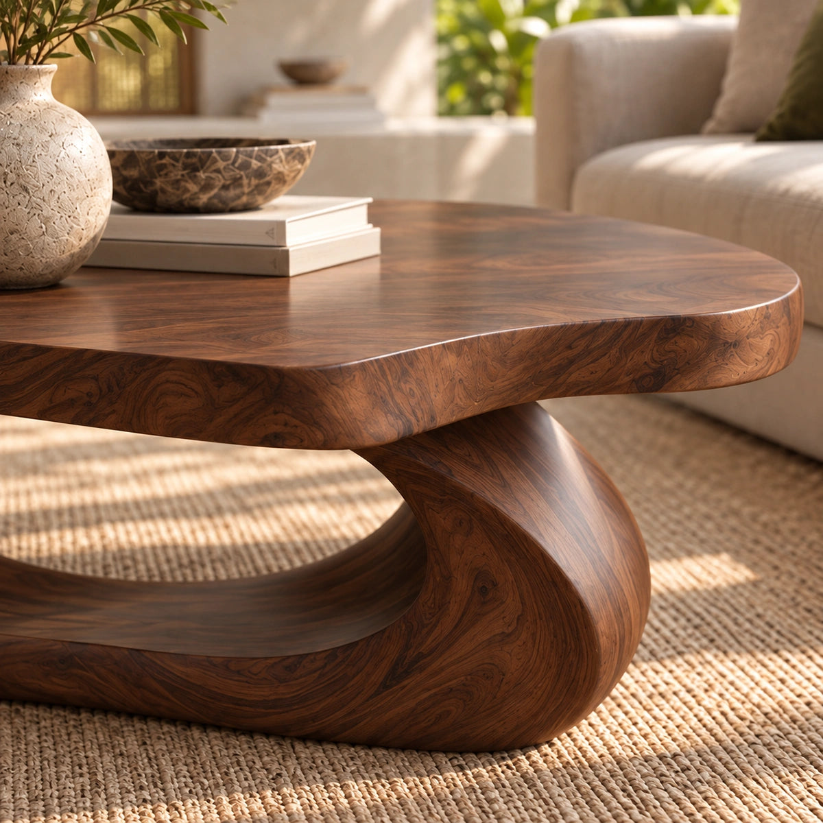 Sculptural Coffee Table with Curved Natural Solid Wood Base Design - Woodenecho - 2