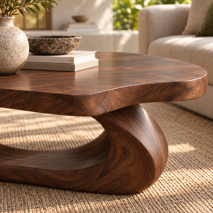 Sculptural Coffee Table with Curved Natural Solid Wood Base Design - Woodenecho - 2