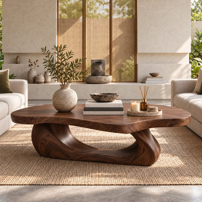 Sculptural Coffee Table with Curved Natural Solid Wood Base Design - Woodenecho - 3