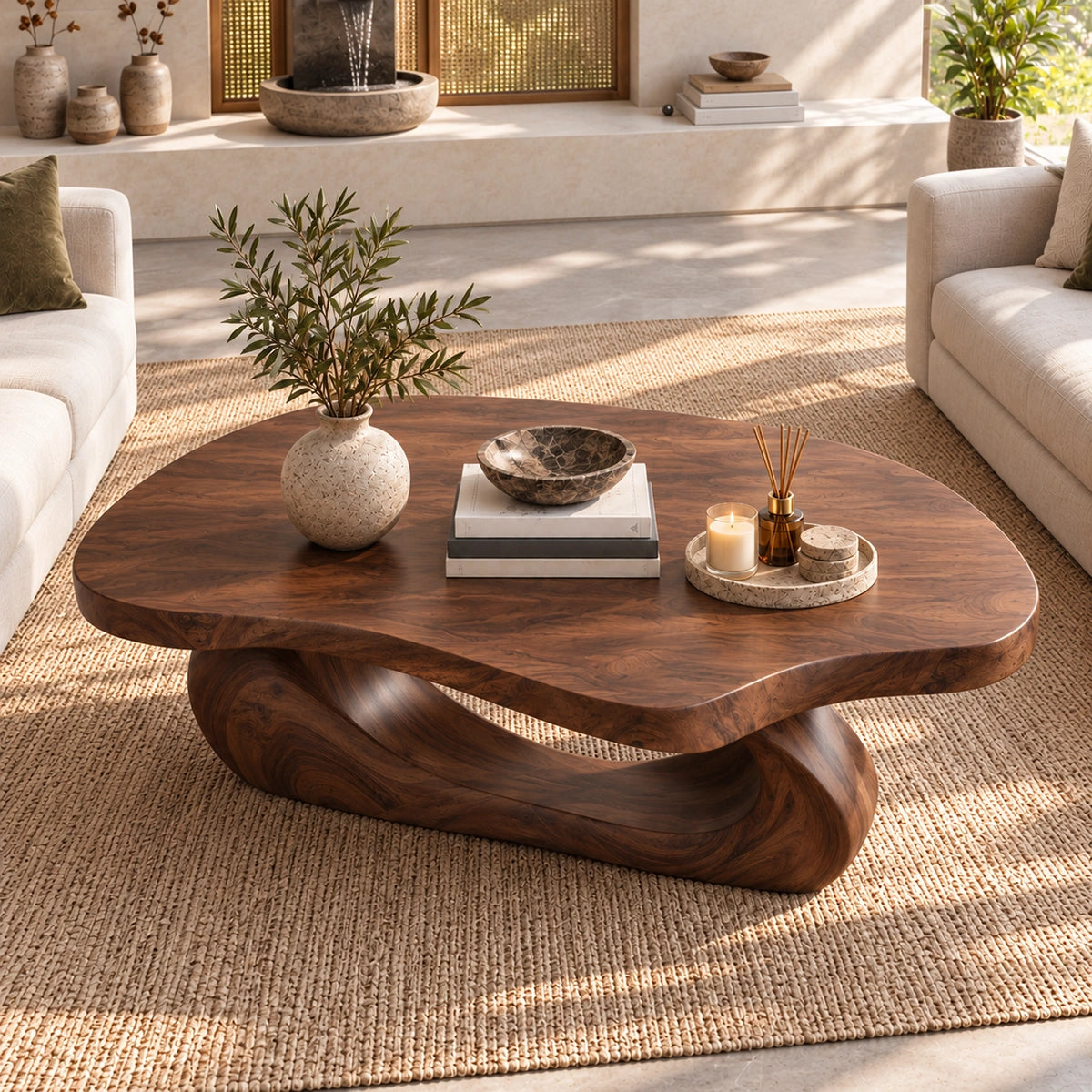 Sculptural Coffee Table with Curved Natural Solid Wood Base Design - Woodenecho - 5