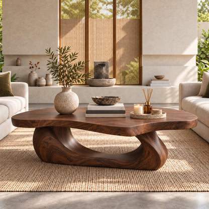 Sculptural Coffee Table with Curved Natural Solid Wood Base Design - Woodenecho - 6
