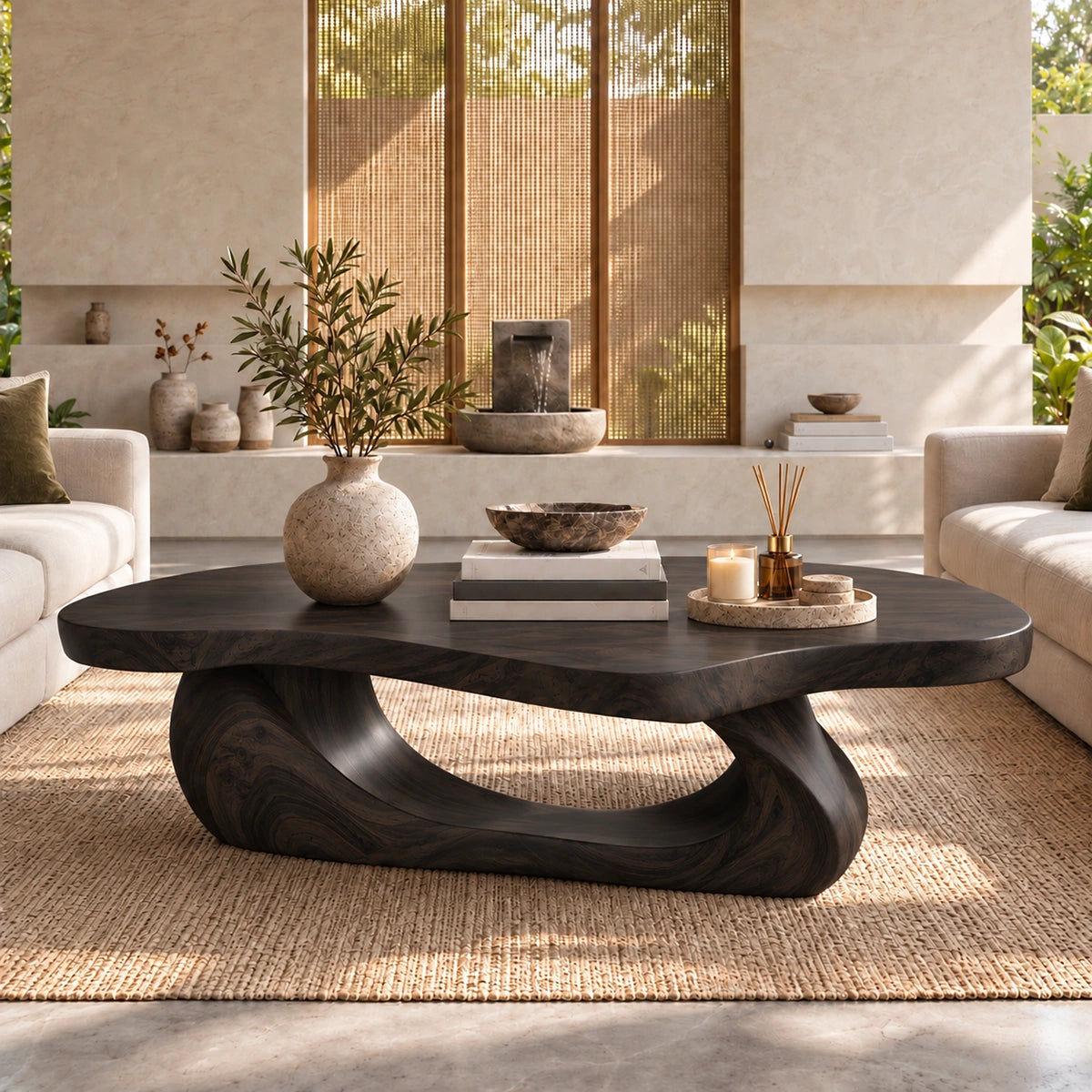 Sculptural Coffee Table with Curved Natural Solid Wood Base Design - Woodenecho - 7