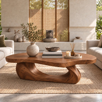 Sculptural Coffee Table with Curved Natural Solid Wood Base Design - Woodenecho - 8