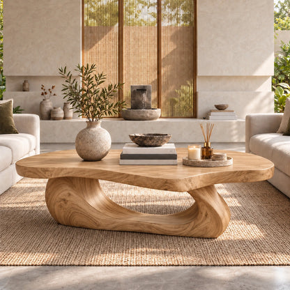 Sculptural Coffee Table with Curved Natural Solid Wood Base Design - Woodenecho - 9