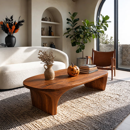 Sculptural Coffee Table with Curved Natural Solid Wood Base in Four Sizes - Woodenecho - 1