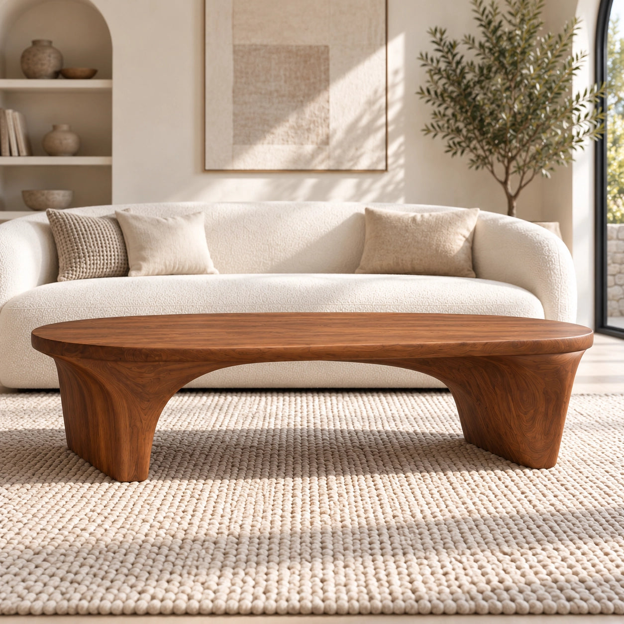 Sculptural Coffee Table with Curved Natural Solid Wood Base in Four Sizes - Woodenecho - 2