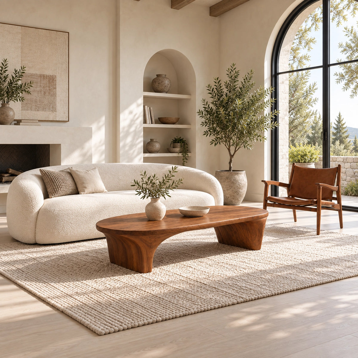 Sculptural Coffee Table with Curved Natural Solid Wood Base in Four Sizes - Woodenecho - 3