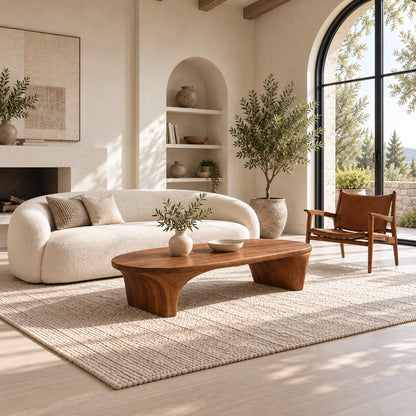 Sculptural Coffee Table with Curved Natural Solid Wood Base in Four Sizes - Woodenecho - 3