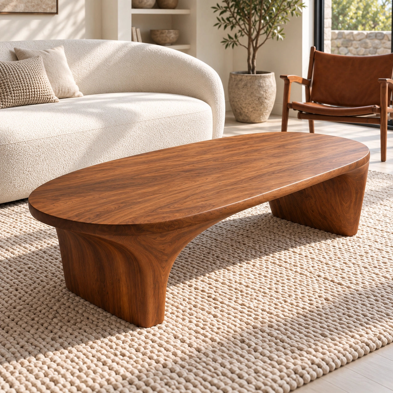 Sculptural Coffee Table with Curved Natural Solid Wood Base in Four Sizes - Woodenecho - 4