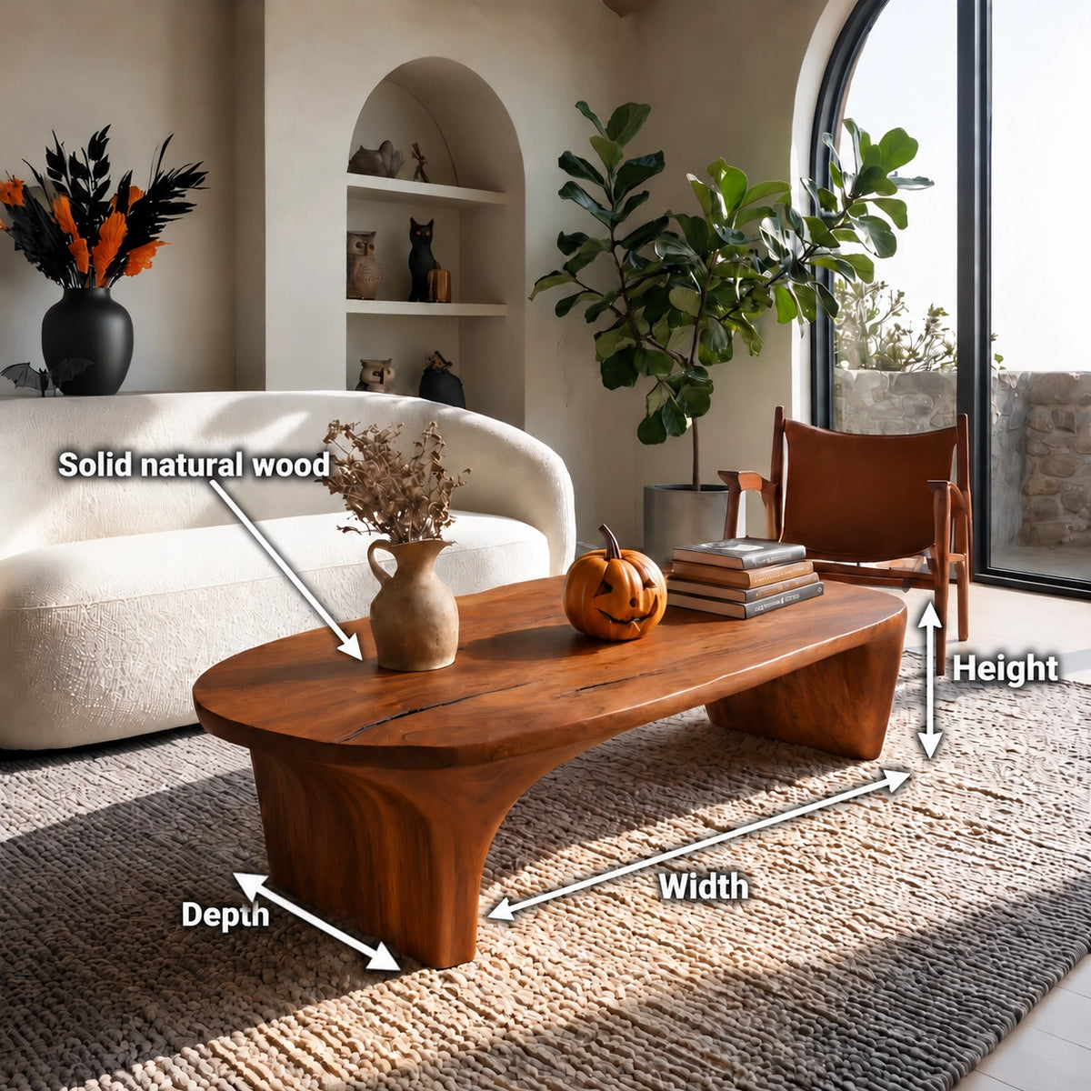 Sculptural Coffee Table with Curved Natural Solid Wood Base in Four Sizes - Woodenecho - 6