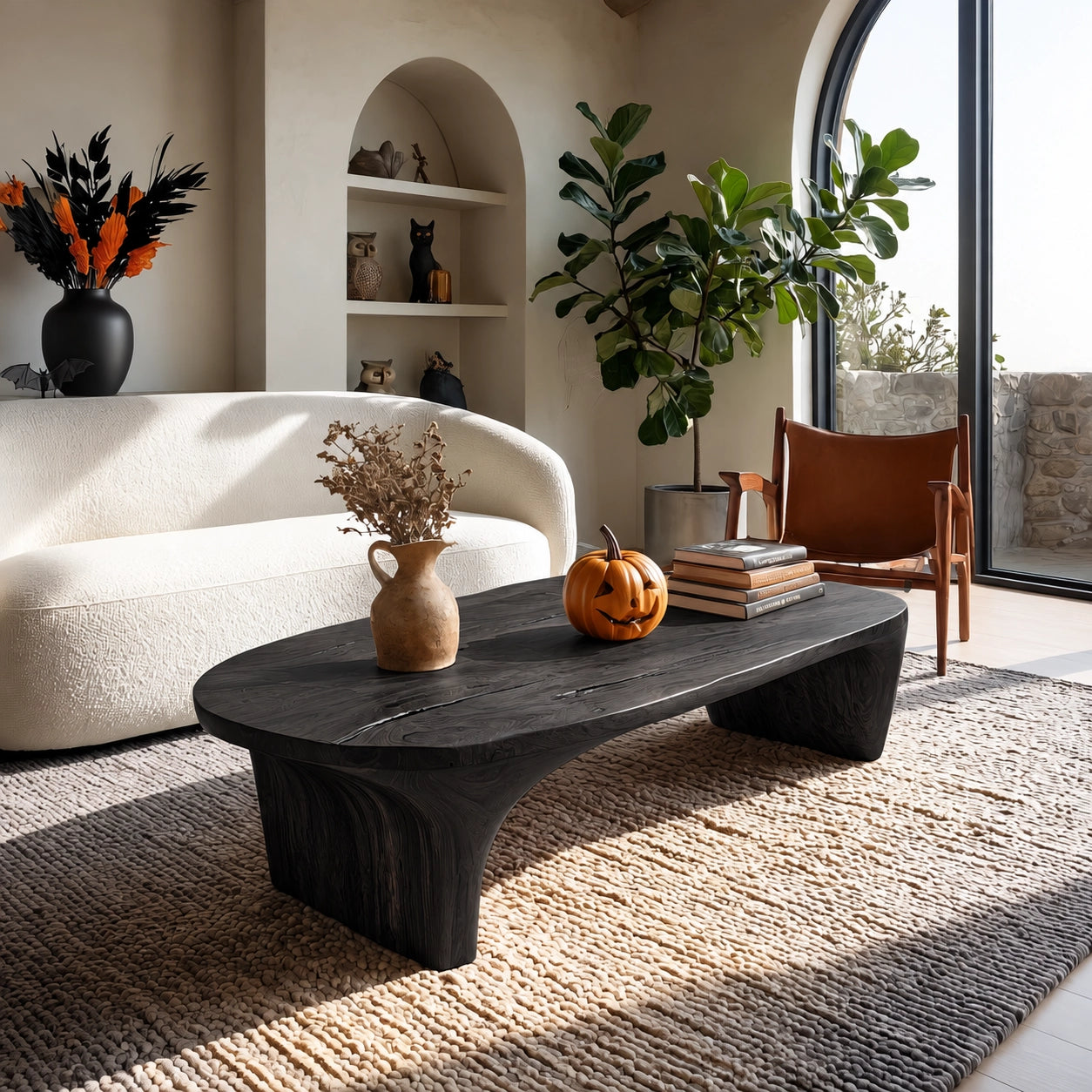 Sculptural Coffee Table with Curved Natural Solid Wood Base in Four Sizes - Woodenecho - 7
