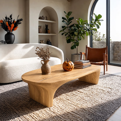 Sculptural Coffee Table with Curved Natural Solid Wood Base in Four Sizes - Woodenecho - 8