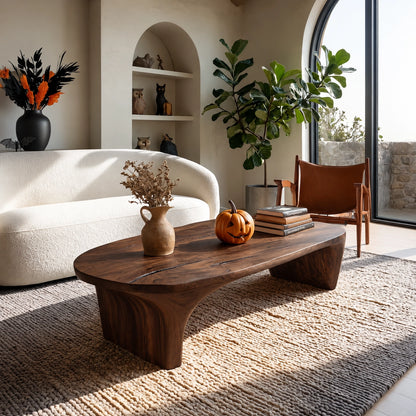 Sculptural Coffee Table with Curved Natural Solid Wood Base in Four Sizes - Woodenecho - 9