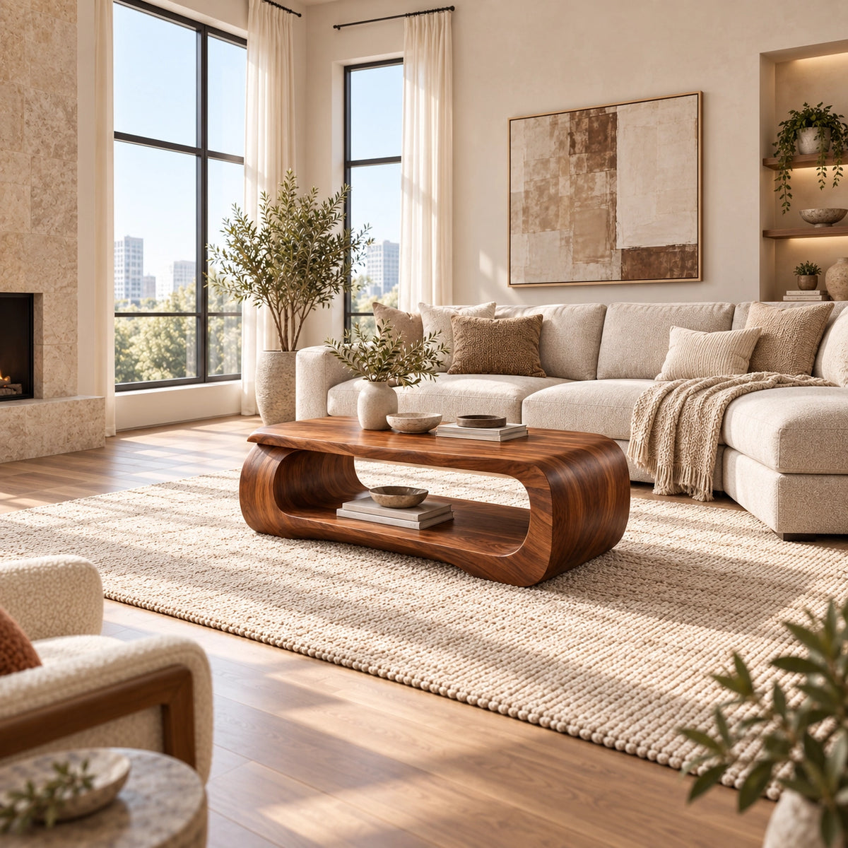 Sculptural Coffee Table with Curved Natural Solid Wood Form in Four Sizes - Woodenecho - 2