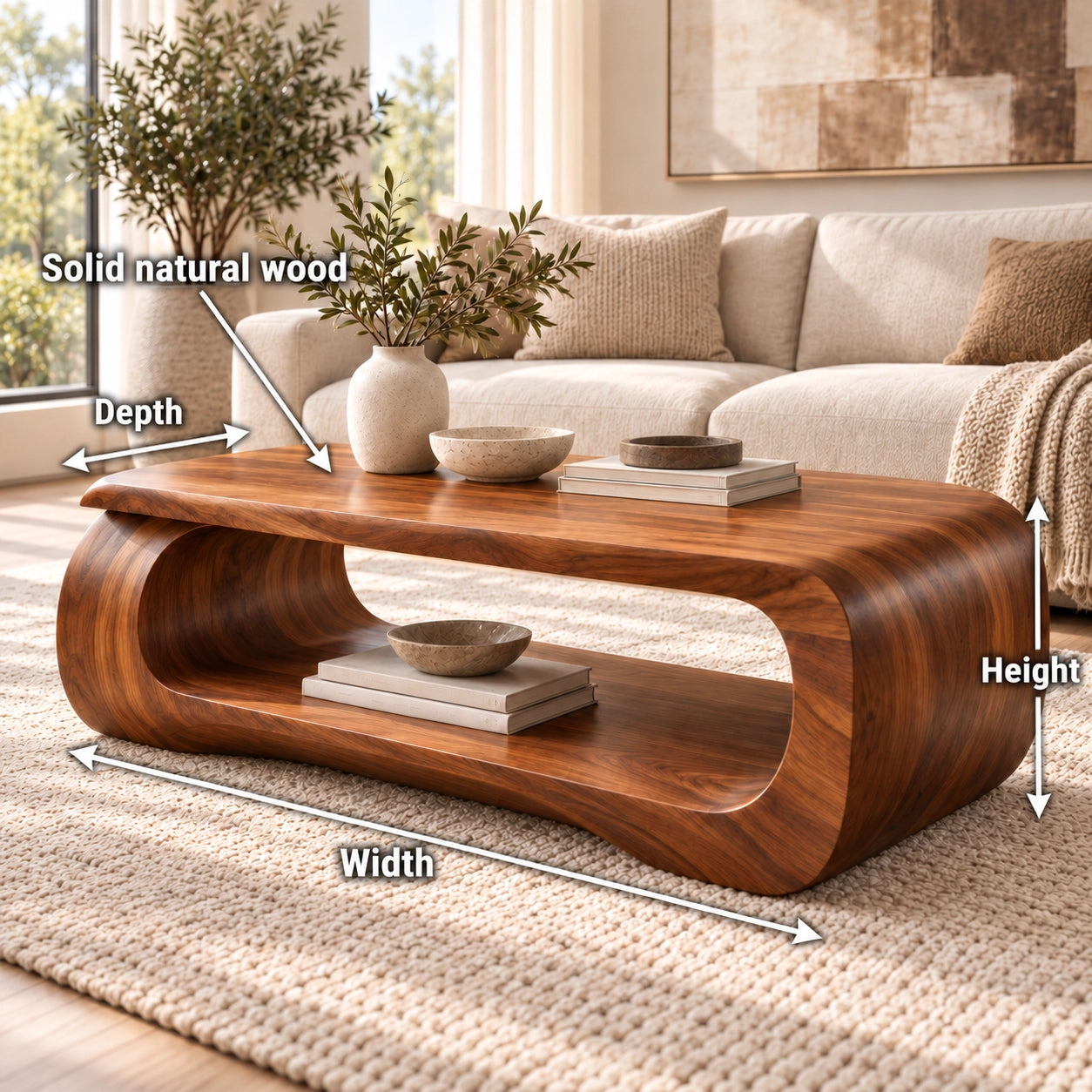Sculptural Coffee Table with Curved Natural Solid Wood Form in Four Sizes - Woodenecho - 6