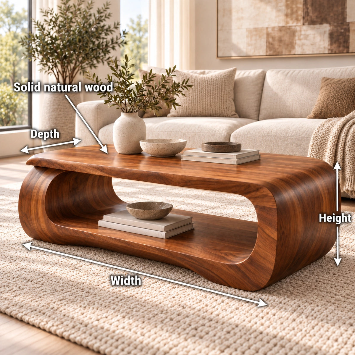 Sculptural Coffee Table with Curved Natural Solid Wood Form in Four Sizes - Woodenecho - 6