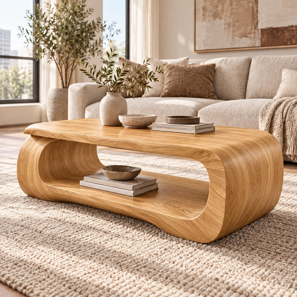 Sculptural Coffee Table with Curved Natural Solid Wood Form in Four Sizes - Woodenecho - 8