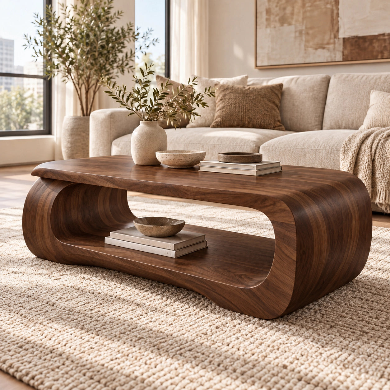 Sculptural Coffee Table with Curved Natural Solid Wood Form in Four Sizes - Woodenecho - 9