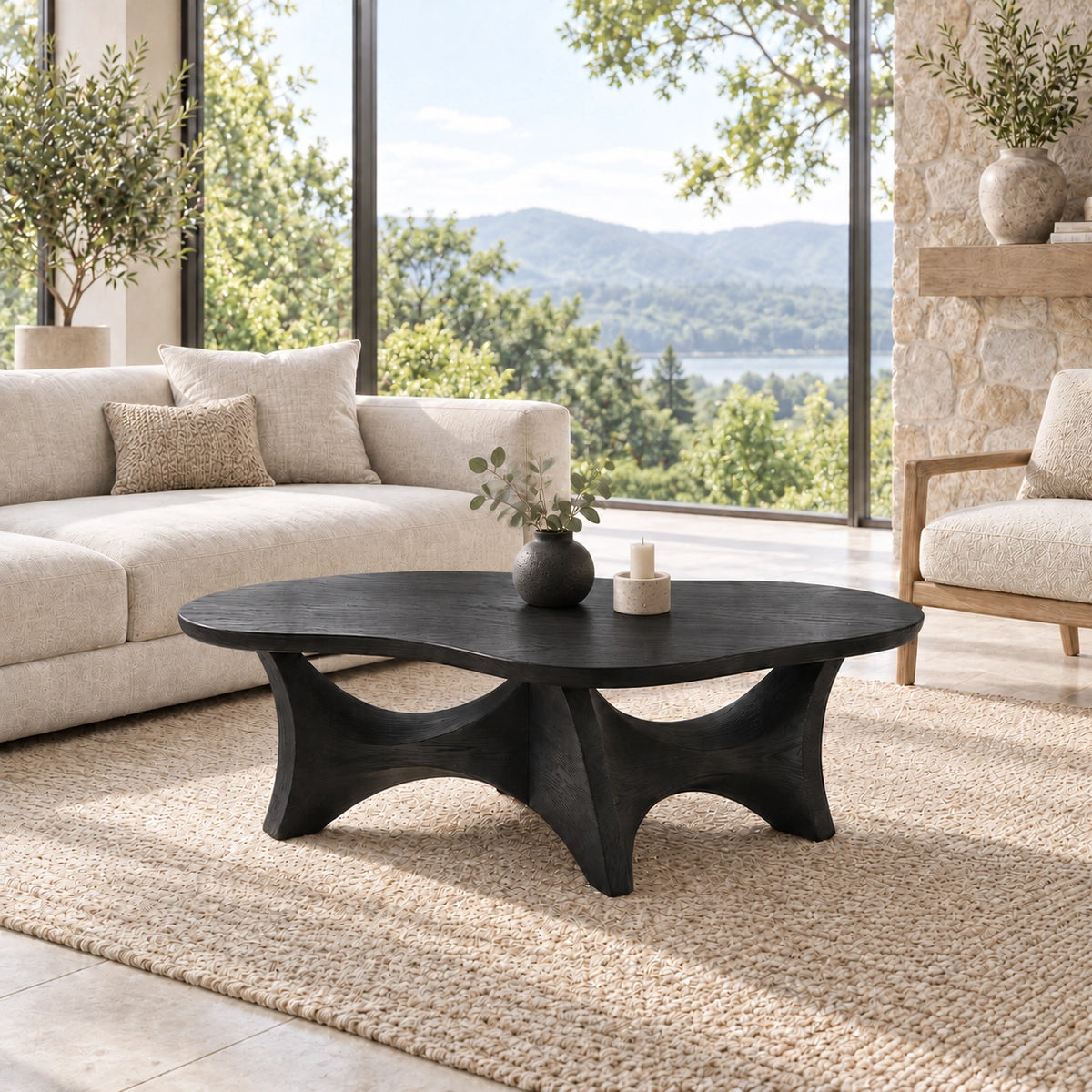 Sculptural Coffee Table with Dual Curved Arch Openings in Natural Solid Wood - Woodenecho - 1