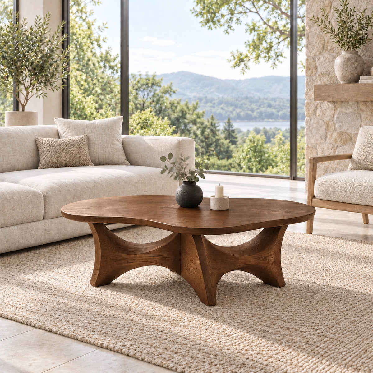 Sculptural Coffee Table with Dual Curved Arch Openings in Natural Solid Wood - Woodenecho - 7