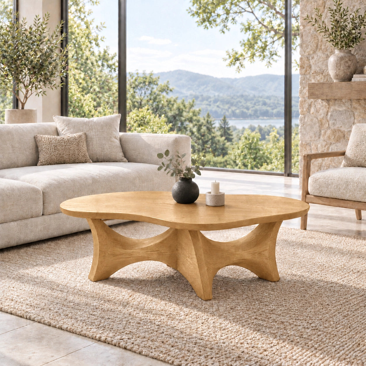 Sculptural Coffee Table with Dual Curved Arch Openings in Natural Solid Wood - Woodenecho - 8