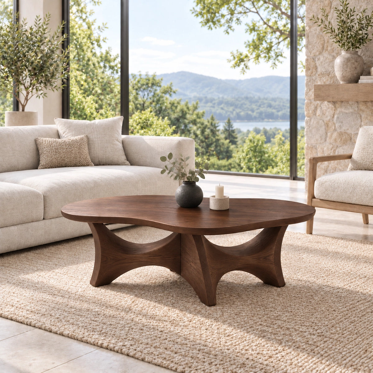 Sculptural Coffee Table with Dual Curved Arch Openings in Natural Solid Wood - Woodenecho - 9