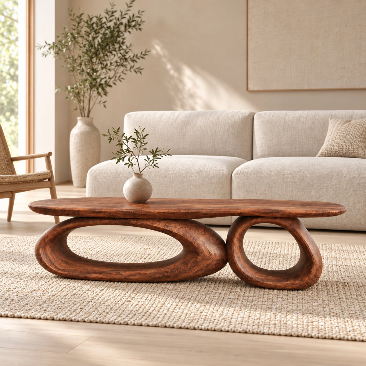 Sculptural Coffee Table with Dual Curved Oval Openings in Natural Solid Wood - Woodenecho - 1