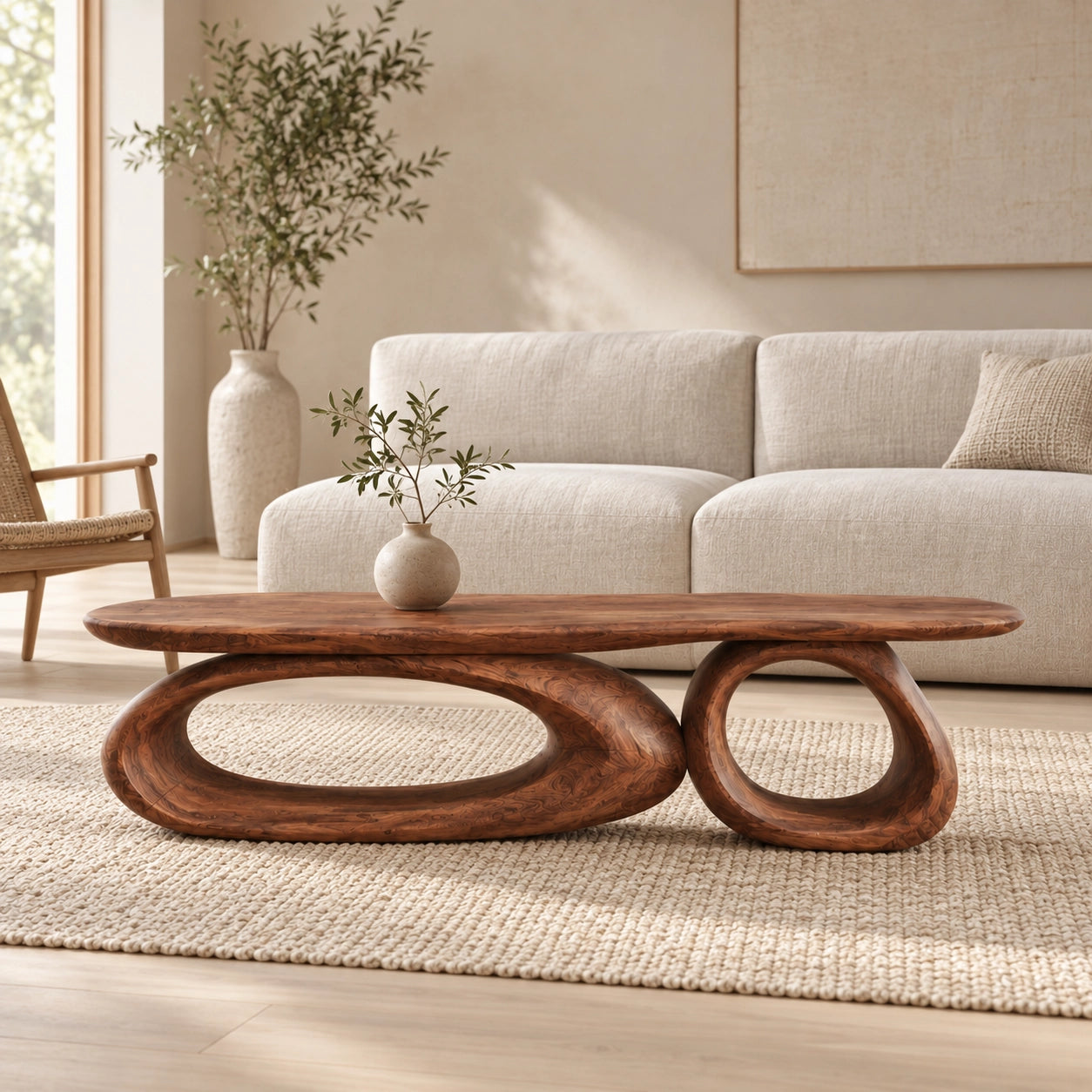 Sculptural Coffee Table with Dual Curved Oval Openings in Natural Solid Wood - Woodenecho - 2