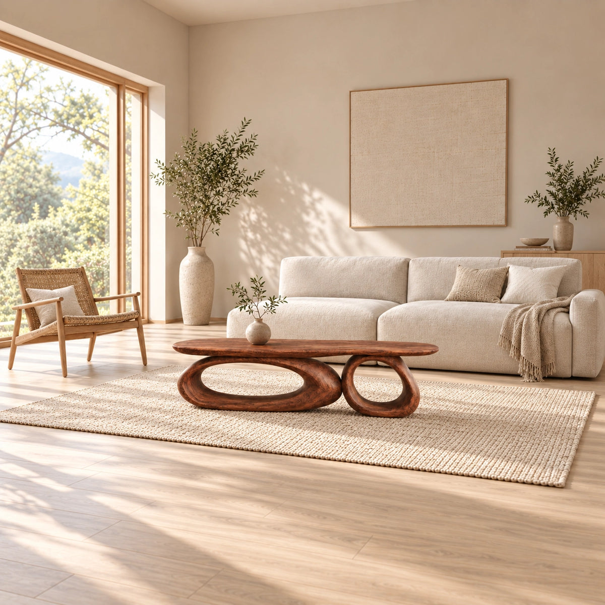 Sculptural Coffee Table with Dual Curved Oval Openings in Natural Solid Wood - Woodenecho - 3