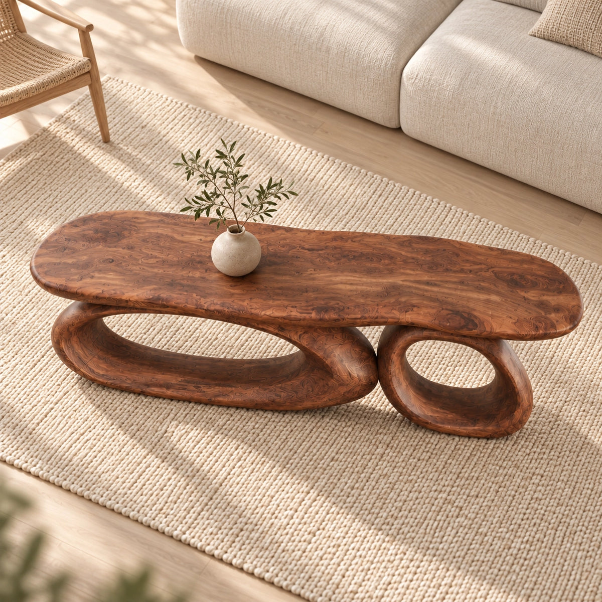 Sculptural Coffee Table with Dual Curved Oval Openings in Natural Solid Wood - Woodenecho - 4