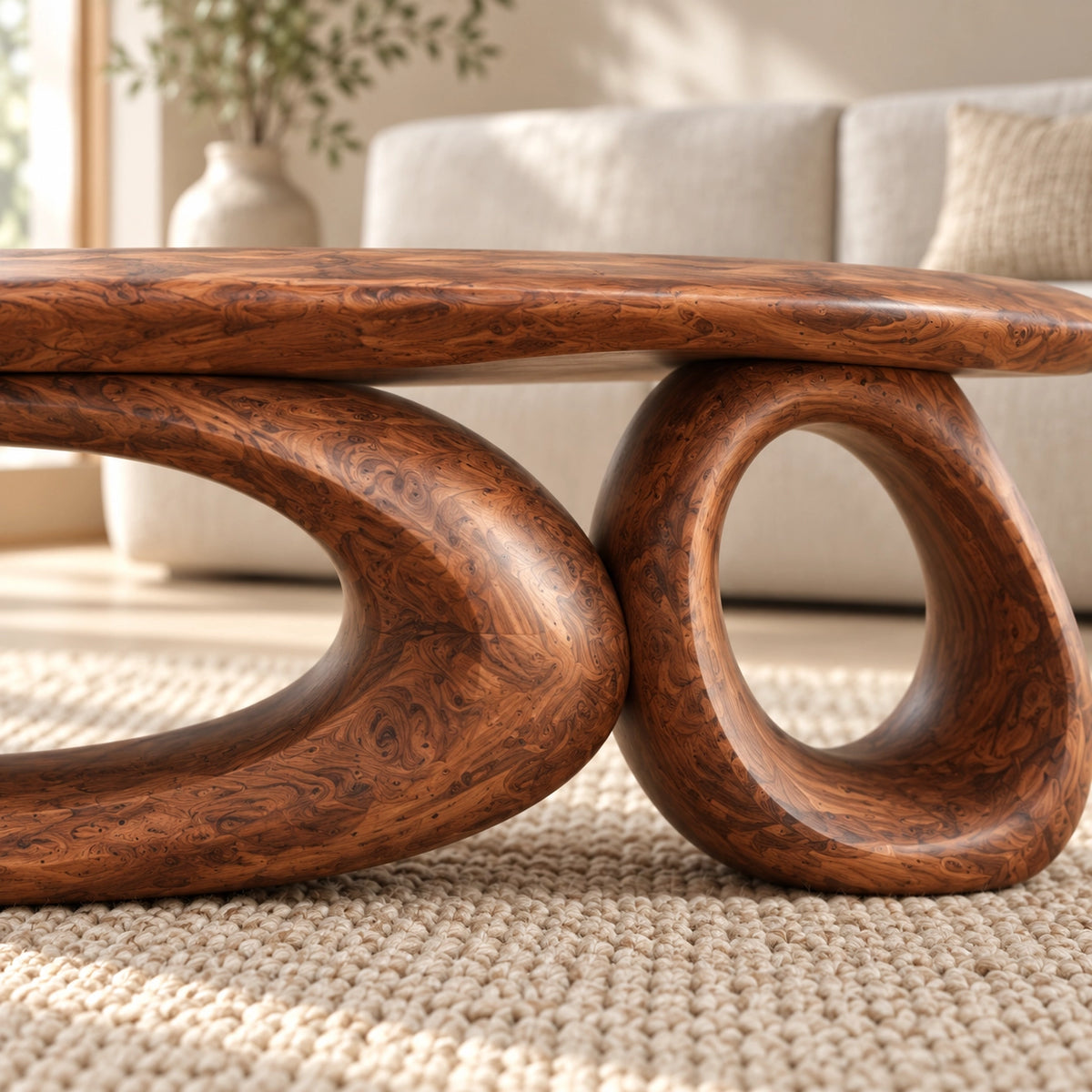 Sculptural Coffee Table with Dual Curved Oval Openings in Natural Solid Wood - Woodenecho - 5