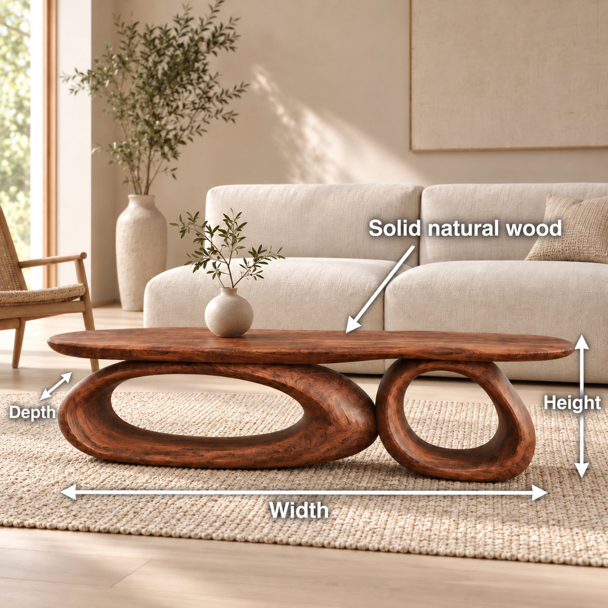Sculptural Coffee Table with Dual Curved Oval Openings in Natural Solid Wood - Woodenecho - 6