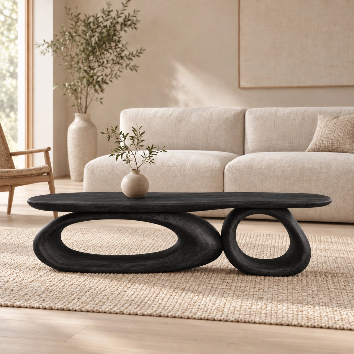 Sculptural Coffee Table with Dual Curved Oval Openings in Natural Solid Wood - Woodenecho - 7