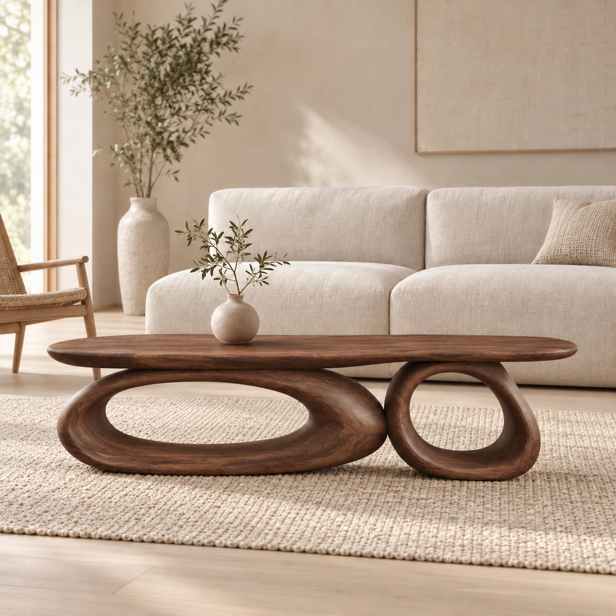 Sculptural Coffee Table with Dual Curved Oval Openings in Natural Solid Wood - Woodenecho - 9