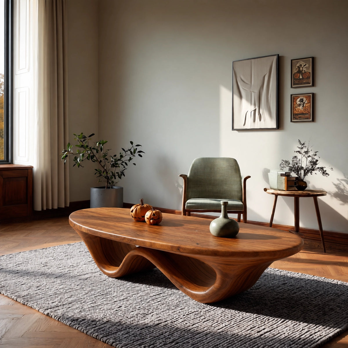 Sculptural Coffee Table with Dual Curved Wooden Base in Natural Solid Wood - Woodenecho - 1