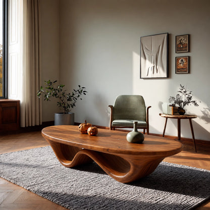 Sculptural Coffee Table with Dual Curved Wooden Base in Natural Solid Wood - Woodenecho - 1