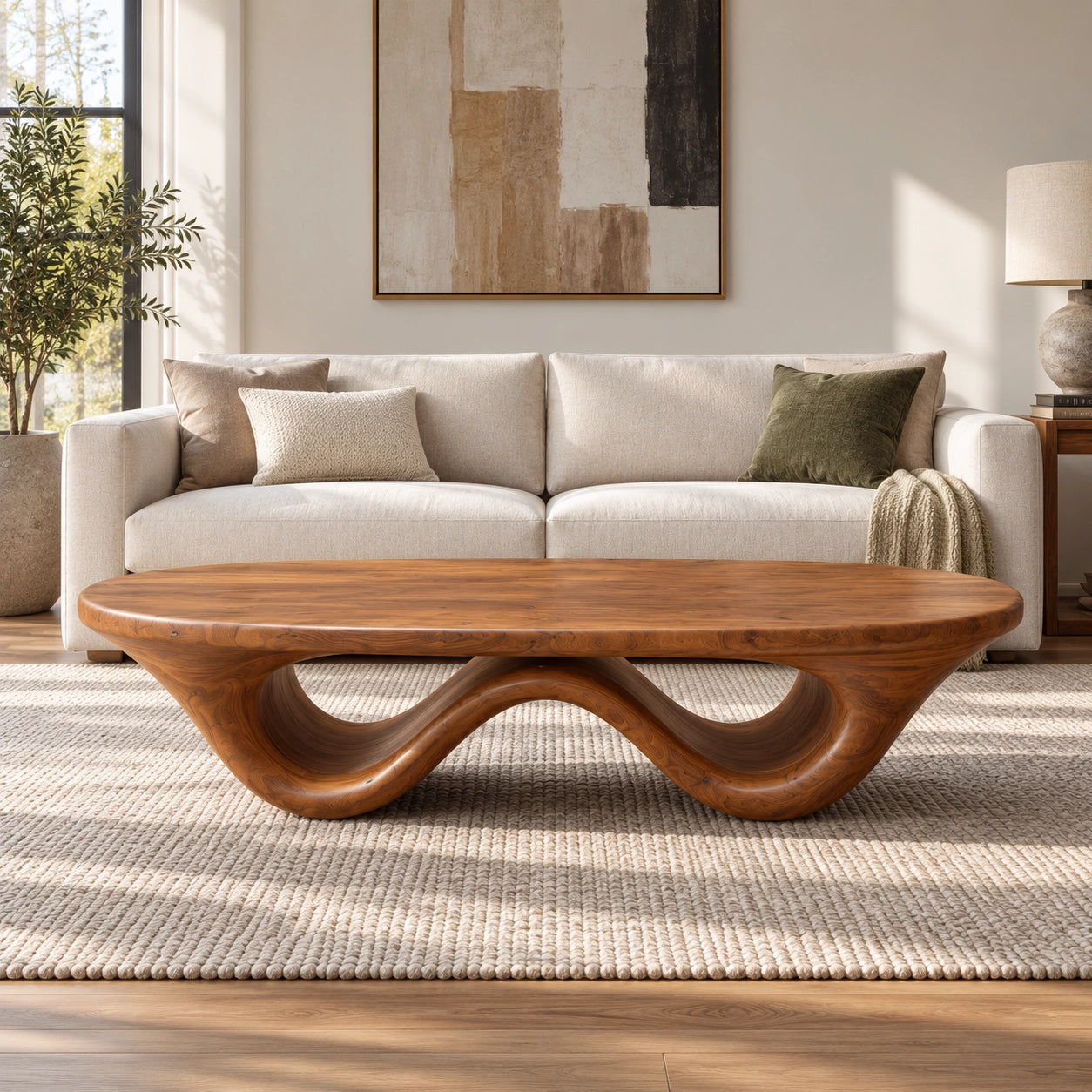 Sculptural Coffee Table with Dual Curved Wooden Base in Natural Solid Wood - Woodenecho - 2