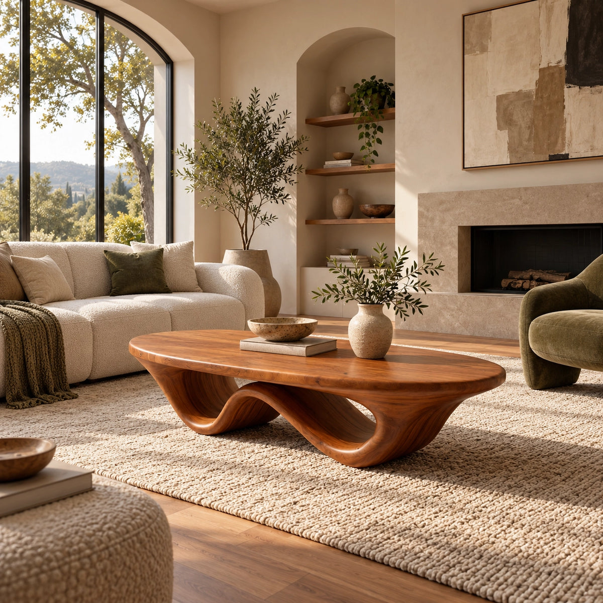 Sculptural Coffee Table with Dual Curved Wooden Base in Natural Solid Wood - Woodenecho - 3